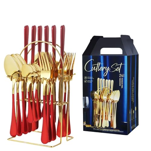 24PCS Farbenfrohes und glänzendes Hängeregal Spiegelpoliertes Geschirrset Mit Gabel, Löffel und Messer Geeignet für westliche Speisen Steakpartys Veranstaltungen Täglicher Gebrauch von Maimeili
