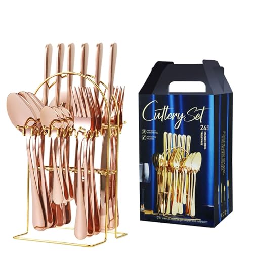 24PCS Farbenfrohes und glänzendes Hängeregal Spiegelpoliertes Geschirrset Mit Gabel, Löffel und Messer Geeignet für westliche Speisen Steakpartys Veranstaltungen Täglicher Gebrauch von Maimeili