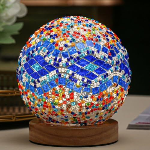 Barock blaue Mosaiklampe Vintage Retro gefärbt türkisch marokkanisch böhmisch Tiffany Bettseite buntes handgefertigtes Glas mit Holz Basis USB Laden Dekor Licht für Schlafzimmer von Maimeili