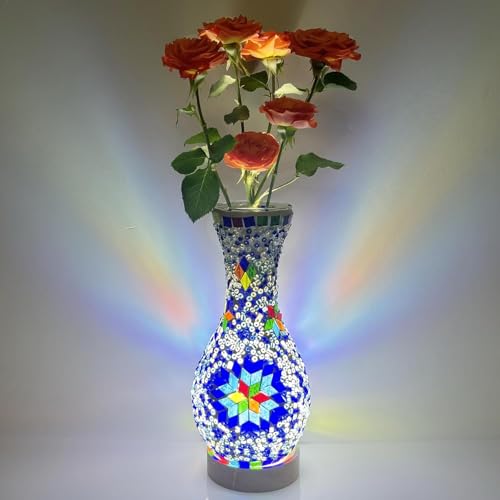 Maimeili Retro türkische Mosaik Vase Lampe türkische marokkanische Tischlampe bunte handgefertigte Glasvase mit Holzbasis für Blumen USB Lade Dekor Licht für Schlafzimmer Umgebung Wohnzimmer von Maimeili