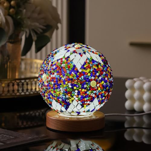 Marokko blaue Mosaiklampe Vintage Retro gefärbt türkisch marokkanisch böhmisch Tiffany Bettseite buntes handgefertigtes Glas mit Holz Basis USB Ladung Dekor Licht für Schlafzimmer von Maimeili