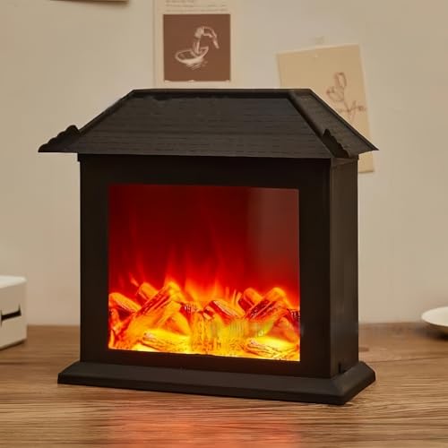 Simulierte LED Kamin Laterne USB & Akku betrieben Flammenloses Licht mit Simulation Flamme Tisch Dekorative Lampe Mini Kamin Ornament für gemütliche Heimdekor Freistehende elektrische Holzberner von Maimeili