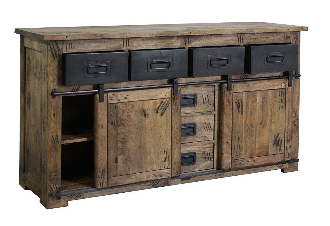 Main Möbel Sideboard Sideboard 150x90cm 'Railroad' Mango & Eisen (Massivholz Industrial, Kommode Anrichte Mango gewachst mit Applikationen in Eisen schwarz), Breite 150cm Höhe 90cm von Main Möbel