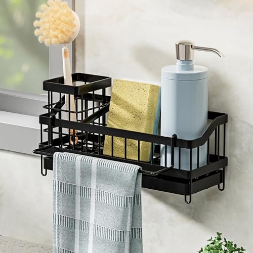 MainPi Spülbecken Organizer,Küchenspüle Organizer mit Bürstenhalter und Spültuchhalter,Schwammhalter mit Abflusspfanne,Küchenspülenkorb Hängend oder Aufstellung auf der Arbeitsplatte (Schwarz) von MainPi