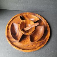Vintage Holz Snack Chip Und Dip Servier Set Tablett Schalen Streumesser Thailand von MainStTradingCompany