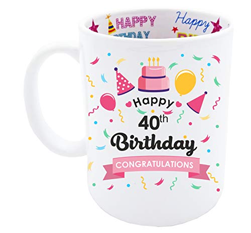 Mainly Mugs Kaffeetasse zum 40. Geburtstag, Andenken für Frauen, Pink, mit Aufdruck auf der Innenseite. von Mainly Mugs