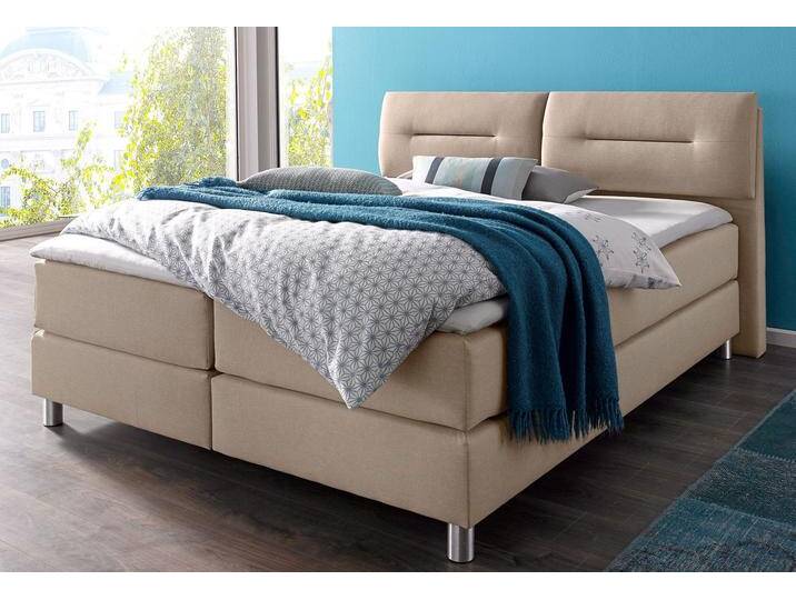 Boxspringbett MAINTAL, beige, Strukturstoff, Liegefläche B/L: 180cm x 200cm, H3, Bonnell-Federkernmatratze, Bezug bei beige, anthrazit und hellgrau: pflegeleichter Strukturstoff (100% Polyester), Bezug bei weiß und schwarz: Kunstleder (100% Polyurethan), Spiegelfläche der Matratzen: Material angeben (100% Polyester), Komplettbetten, Boxspringbett, inkl. Topper von Maintal