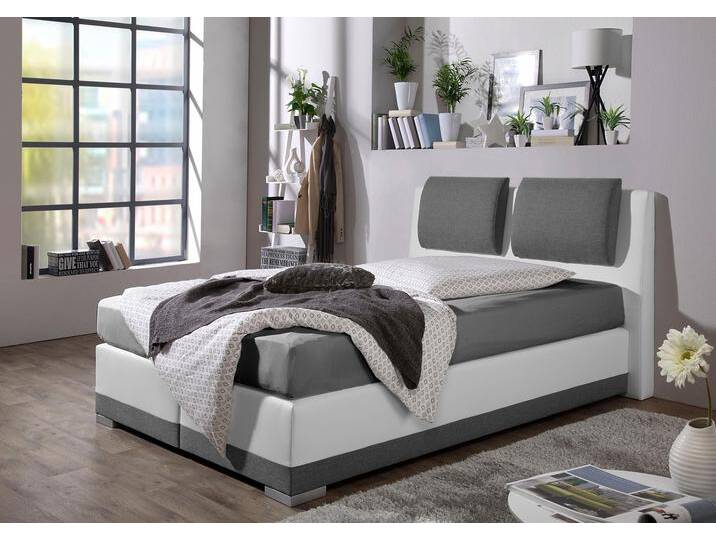 Boxspringbett MAINTAL, grau (grau, weiß), B:212cm L:212cm, Strukturstoff-Bezug 100% Polyester, Kunstleder 100% PU, Bezug der Spiegelfläche Matratzendrell aus 100% Polyester, Komplettbetten, Boxspringbett, verstellbare Kopfstütze von Maintal