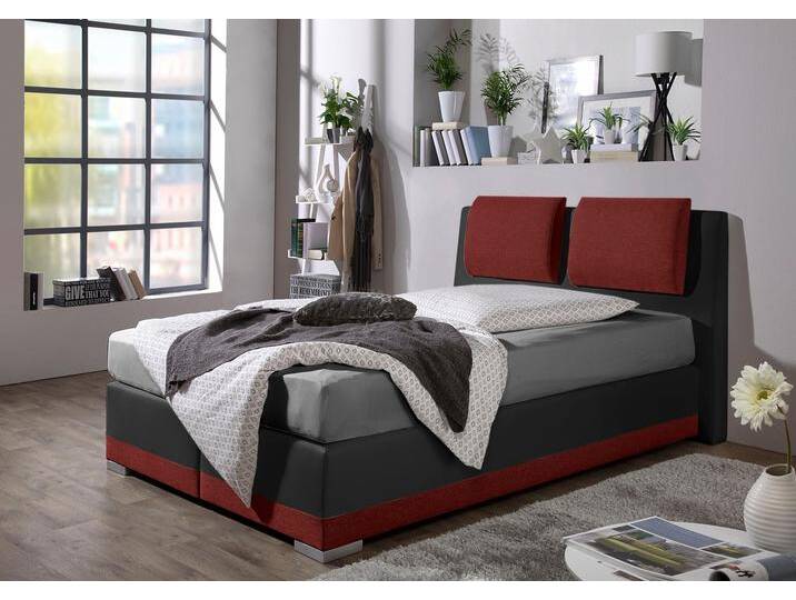Boxspringbett MAINTAL, rot (rot, schwarz), B:152cm L:212cm, Strukturstoff-Bezug 100% Polyester, Kunstleder 100% PU, Bezug der Spiegelfläche Matratzendrell aus 100% Polyester, Komplettbetten, Boxspringbett, verstellbare Kopfstütze von Maintal