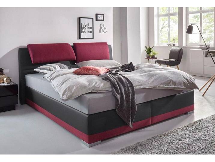 Boxspringbett MAINTAL, rot (rot, schwarz), B:192cm L:212cm, Strukturstoff-Bezug 100% Polyester, Kunstleder 100% PU, Bezug der Spiegelfläche Matratzendrell aus 100% Polyester, Komplettbetten, Boxspringbett, verstellbare Kopfstütze von Maintal