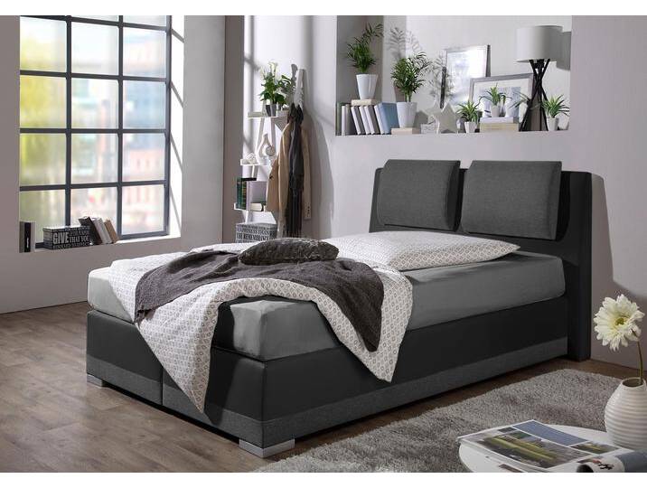 Boxspringbett MAINTAL, schwarz (anthrazit, schwarz), B:152cm L:212cm, Strukturstoff-Bezug 100% Polyester, Kunstleder 100% PU, Bezug der Spiegelfläche Matratzendrell aus 100% Polyester, Komplettbetten, Boxspringbett, verstellbare Kopfstütze von Maintal