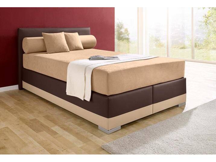 Boxspringbett MAINTAL Lago , braun (cappucinofarben, braun), B:147cm L:210cm, Bezug Kopteil und seitliche Unterbox wahlweise Microvelours aus 100% Polyester oder Kunstleder, DIe Obermatratze ist bei beiden Bezugsqualitäten mit Microfaser (100% Polyester) bezogen, Unterseite 100% Baumwolle, Das Kopfteil ist bei Microvelours an den Ecken abgerundet, bei Kunstleder gerade, Bezug der Oberseite aus strapazierfähigem Baumwollstoff, 100% Baumwolle, Komplettbetten, Boxspringbett, in 3 verschiedenen Matratzenarten, H2 oder H3 von Maintal