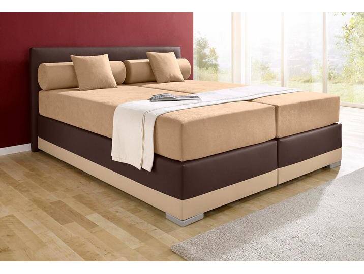 Boxspringbett MAINTAL Lago , braun (cappucinofarben, braun), B:187cm L:210cm, Bezug Kopteil und seitliche Unterbox wahlweise Microvelours aus 100% Polyester oder Kunstleder, DIe Obermatratze ist bei beiden Bezugsqualitäten mit Microfaser (100% Polyester) bezogen, Unterseite 100% Baumwolle, Das Kopfteil ist bei Microvelours an den Ecken abgerundet, bei Kunstleder gerade, Bezug der Oberseite aus strapazierfähigem Baumwollstoff, 100% Baumwolle, Komplettbetten, Boxspringbett, in 3 verschiedenen Matratzenarten, H2 oder H3 von Maintal
