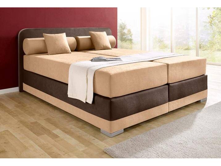 Boxspringbett MAINTAL Lago , braun (cappucinofarben, braun), B:207cm L:210cm, Bezug Kopteil und seitliche Unterbox wahlweise Microvelours aus 100% Polyester oder Kunstleder, DIe Obermatratze ist bei beiden Bezugsqualitäten mit Microfaser (100% Polyester) bezogen, Unterseite 100% Baumwolle, Das Kopfteil ist bei Microvelours an den Ecken abgerundet, bei Kunstleder gerade, Bezug der Oberseite aus strapazierfähigem Baumwollstoff, 100% Baumwolle, Komplettbetten, Boxspringbett, in 3 verschiedenen Matratzenarten, H2 oder H3 von Maintal