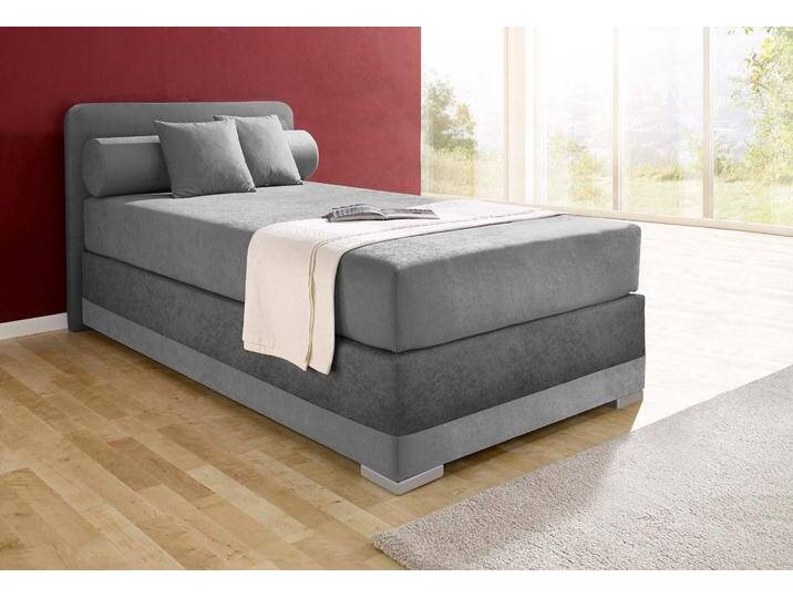 Boxspringbett MAINTAL Lago , grau (steinfarben, dunkelgrau), B:127cm L:210cm, Bezug Kopteil und seitliche Unterbox wahlweise Microvelours aus 100% Polyester oder Kunstleder;DIe Obermatratze ist bei beiden Bezugsqualitäten mit Microfaser (100% Polyester) bezogen, Unterseite 100% Baumwolle;Das Kopfteil ist bei Microvelours an den Ecken abgerundet, bei Kunstleder gerade;Bezug der Oberseite aus strapazierfähigem Baumwollstoff, 100% Baumwolle, Komplettbetten, Boxspringbett, in 3 verschiedenen Matratzenarten, H2 oder H3 von Maintal