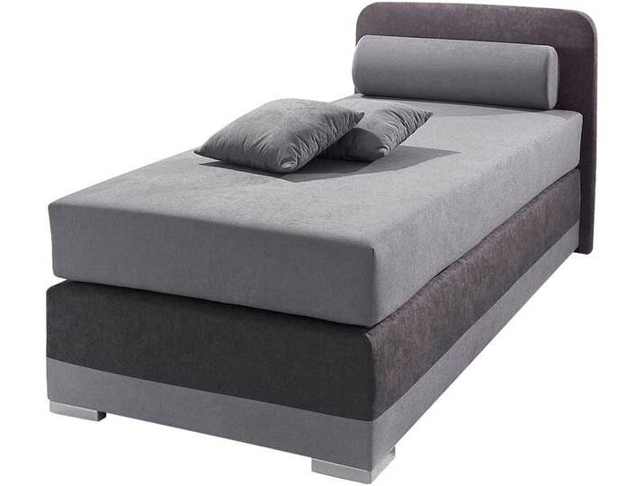 Boxspringbett MAINTAL Lago , grau (steinfarben, dunkelgrau), B:127cm L:210cm, Bezug Kopteil und seitliche Unterbox wahlweise Microvelours aus 100% Polyester oder Kunstleder, DIe Obermatratze ist bei beiden Bezugsqualitäten mit Microfaser (100% Polyester) bezogen, Unterseite 100% Baumwolle, Das Kopfteil ist bei Microvelours an den Ecken abgerundet, bei Kunstleder gerade, Bezug der Oberseite aus strapazierfähigem Baumwollstoff, 100% Baumwolle, Komplettbetten, Boxspringbett, in 3 verschiedenen Matratzenarten, H2 oder H3 von Maintal