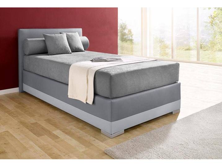 Boxspringbett MAINTAL Lago , grau (steinfarben, dunkelgrau), B:127cm L:210cm, Bezug Kopteil und seitliche Unterbox wahlweise Microvelours aus 100% Polyester oder Kunstleder;DIe Obermatratze ist bei beiden Bezugsqualitäten mit Microfaser (100% Polyester) bezogen, Unterseite 100% Baumwolle;Das Kopfteil ist bei Microvelours an den Ecken abgerundet, bei Kunstleder gerade;Bezug der Oberseite aus strapazierfähigem Baumwollstoff, 100% Baumwolle, Komplettbetten, Boxspringbett, in 3 verschiedenen Matratzenarten, H2 oder H3 von Maintal