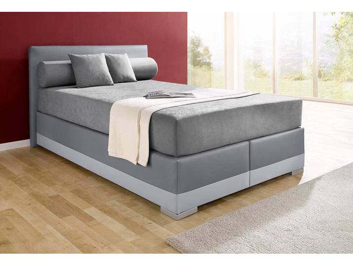 Boxspringbett MAINTAL Lago , grau (steinfarben, dunkelgrau), B:147cm L:210cm, Bezug Kopteil und seitliche Unterbox wahlweise Microvelours aus 100% Polyester oder Kunstleder, DIe Obermatratze ist bei beiden Bezugsqualitäten mit Microfaser (100% Polyester) bezogen, Unterseite 100% Baumwolle, Das Kopfteil ist bei Microvelours an den Ecken abgerundet, bei Kunstleder gerade, Bezug der Oberseite aus strapazierfähigem Baumwollstoff, 100% Baumwolle, Komplettbetten, Boxspringbett, in 3 verschiedenen Matratzenarten, H2 oder H3 von Maintal