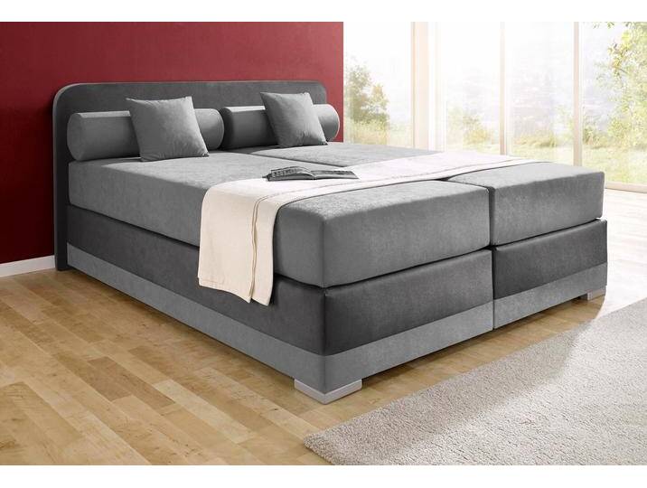 Boxspringbett MAINTAL Lago , grau (steinfarben, dunkelgrau), B:167cm L:210cm, Bezug Kopteil und seitliche Unterbox wahlweise Microvelours aus 100% Polyester oder Kunstleder, DIe Obermatratze ist bei beiden Bezugsqualitäten mit Microfaser (100% Polyester) bezogen, Unterseite 100% Baumwolle, Das Kopfteil ist bei Microvelours an den Ecken abgerundet, bei Kunstleder gerade, Bezug der Oberseite aus strapazierfähigem Baumwollstoff, 100% Baumwolle, Komplettbetten, Boxspringbett, in 3 verschiedenen Matratzenarten, H2 oder H3 von Maintal