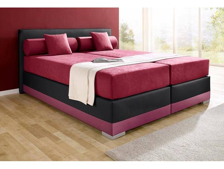Boxspringbett MAINTAL Lago , rot (bordeauxrot, schwarz), B:187cm L:210cm, Bezug Kopteil und seitliche Unterbox wahlweise Microvelours aus 100% Polyester oder Kunstleder, DIe Obermatratze ist bei beiden Bezugsqualitäten mit Microfaser (100% Polyester) bezogen, Unterseite 100% Baumwolle, Das Kopfteil ist bei Microvelours an den Ecken abgerundet, bei Kunstleder gerade, Bezug der Oberseite aus strapazierfähigem Baumwollstoff, 100% Baumwolle, Komplettbetten, Boxspringbett, in 3 verschiedenen Matratzenarten, H2 oder H3 von Maintal