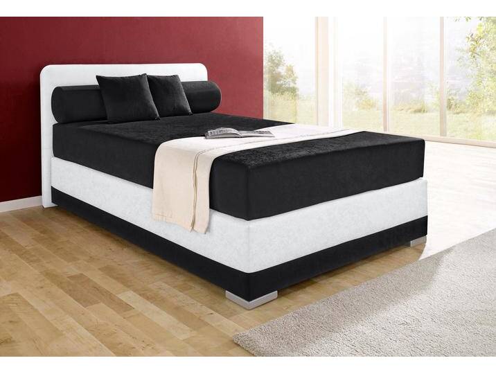 Boxspringbett MAINTAL Lago , schwarz-weiß (schwarz, weiß), B:147cm L:210cm, Bezug Kopteil und seitliche Unterbox wahlweise Microvelours aus 100% Polyester oder Kunstleder, DIe Obermatratze ist bei beiden Bezugsqualitäten mit Microfaser (100% Polyester) bezogen, Unterseite 100% Baumwolle, Das Kopfteil ist bei Microvelours an den Ecken abgerundet, bei Kunstleder gerade, Bezug der Oberseite aus strapazierfähigem Baumwollstoff, 100% Baumwolle, Komplettbetten, Boxspringbett, in 3 verschiedenen Matratzenarten, H2 oder H3 von Maintal