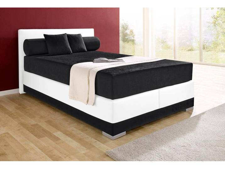 Boxspringbett MAINTAL Lago , schwarz-weiß (schwarz, weiß), B:147cm L:210cm, Bezug Kopteil und seitliche Unterbox wahlweise Microvelours aus 100% Polyester oder Kunstleder, DIe Obermatratze ist bei beiden Bezugsqualitäten mit Microfaser (100% Polyester) bezogen, Unterseite 100% Baumwolle, Das Kopfteil ist bei Microvelours an den Ecken abgerundet, bei Kunstleder gerade, Bezug der Oberseite aus strapazierfähigem Baumwollstoff, 100% Baumwolle, Komplettbetten, Boxspringbett, in 3 verschiedenen Matratzenarten, H2 oder H3 von Maintal