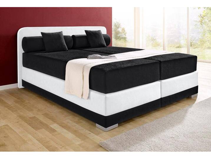 Boxspringbett MAINTAL Lago , schwarz-weiß (schwarz, weiß), B:207cm L:210cm, Bezug Kopteil und seitliche Unterbox wahlweise Microvelours aus 100% Polyester oder Kunstleder, DIe Obermatratze ist bei beiden Bezugsqualitäten mit Microfaser (100% Polyester) bezogen, Unterseite 100% Baumwolle, Das Kopfteil ist bei Microvelours an den Ecken abgerundet, bei Kunstleder gerade, Bezug der Oberseite aus strapazierfähigem Baumwollstoff, 100% Baumwolle, Komplettbetten, Boxspringbett, in 3 verschiedenen Matratzenarten, H2 oder H3 von Maintal