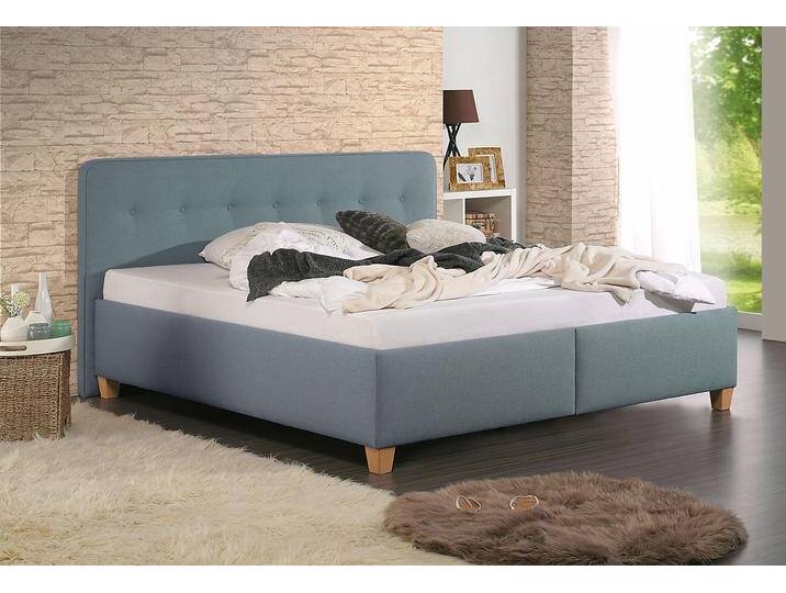 Polsterbett MAINTAL Mison , blau (petrol, buche hell geölt), B:153cm H:102cm L:207cm, Struktur fein (100% Polyester), Betten, mit oder ohne Matratze Bonell-, Kaltschaum-, Taschenfederkern Matratze von Maintal