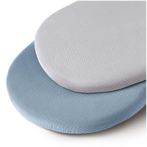 MairMore Musselin-Stubenwagen-Spannbettlaken für Babys, weich und atmungsaktiv, 100 % Baumwolle, Spannbettlaken für ovale, rechteckige Sanduhr-Matratzenauflagen, 2er-Pack (Elfenbein und Rosa) von MairMore