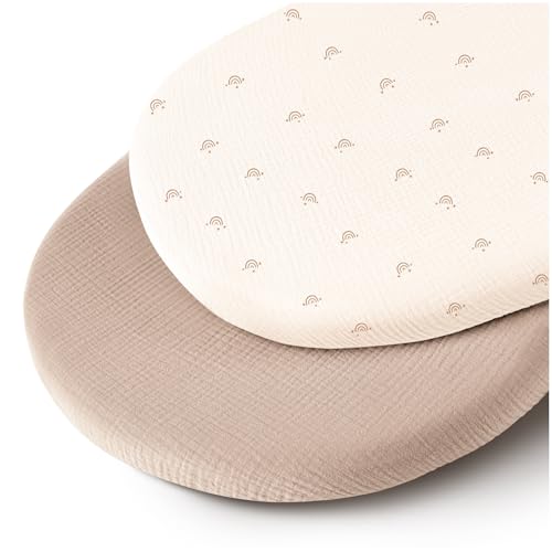 MairMore Musselin-Stubenwagen-Spannbettlaken für Babys, weich und atmungsaktiv, 100 % Baumwolle, Spannbettlaken für ovale, rechteckige Sanduhr-Matratzenauflagen, 2er-Pack (Elfenbein und Rosa) von MairMore