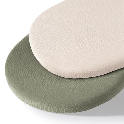 MairMore Musselin-Stubenwagen-Spannbettlaken für Babys, weich und atmungsaktiv, 100 % Baumwolle, Spannbettlaken für ovale, rechteckige Sanduhr-Matratzenauflagen, 2er-Pack (Elfenbein und Rosa) von MairMore