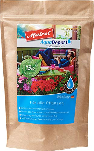 Mairol AquaDepot 100% Bio Wasserspeicher Granulat, für alle Pflanzen, 850 g MAXIPACK mit Messlöffel von Mairol