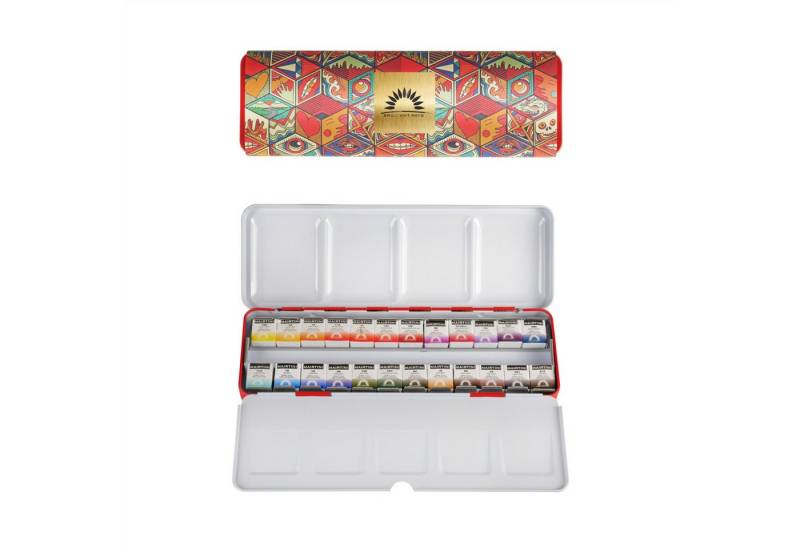 Mairtini Aquarellfarbe Set - 24 brillante Farben in halben Näpfchen - Verpackung in Blau/ Rot, Intensive, lichtechte Farben für beeindruckende Kunstwerke von Mairtini