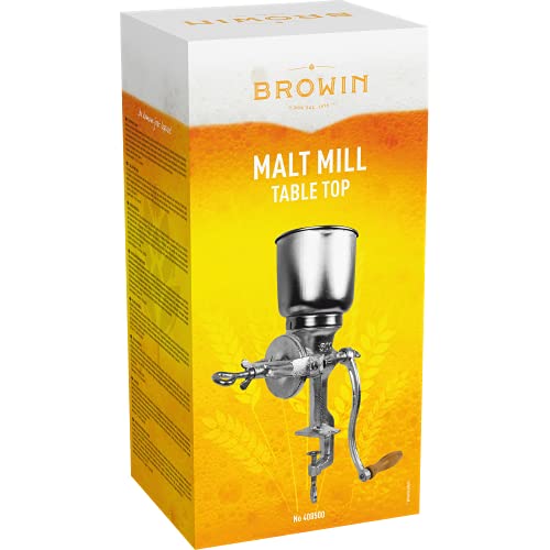 Browin 408500 Handschrotmühle 1 kg, Manuelle Getreidemühle mit hohem Trichter zum Mahlen von Malz zu Bier, Mehl zu Brot, Mais und Erbsen Silber von Browin