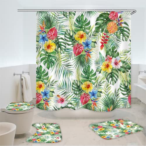 Duschvorhang-Sets, 4-Teiliges Wasserdichtes Tropische Pflanzen Waschbar bad Vorhang Bunte Palmblattblume Badematten-Set, mit Rutschfesten Teppichen, Toilettendeckel und Badematte 12 Haken (180x180cm) von MaishaRui