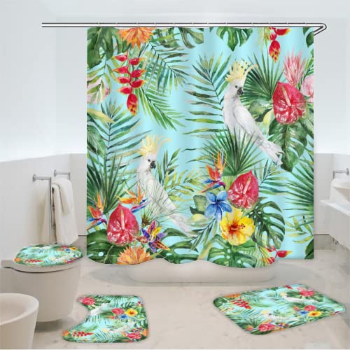 Duschvorhang-Sets, 4-Teiliges Wasserdichtes Tropische Pflanzen Waschbar bad Vorhang Weiße Papageienblume Badematten-Set, mit Rutschfesten Teppichen, Toilettendeckel und Badematte 12 Haken (180x180cm) von MaishaRui