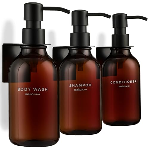 MaisoNovo Shampoo Flaschen zum befüllen – Duschseifen Seifenspender Wandbefestigung – 500 ml Set mit 3 bernsteinfarbenen Kunststoffflaschen, Schwarze Pumpe von MaisoNovo