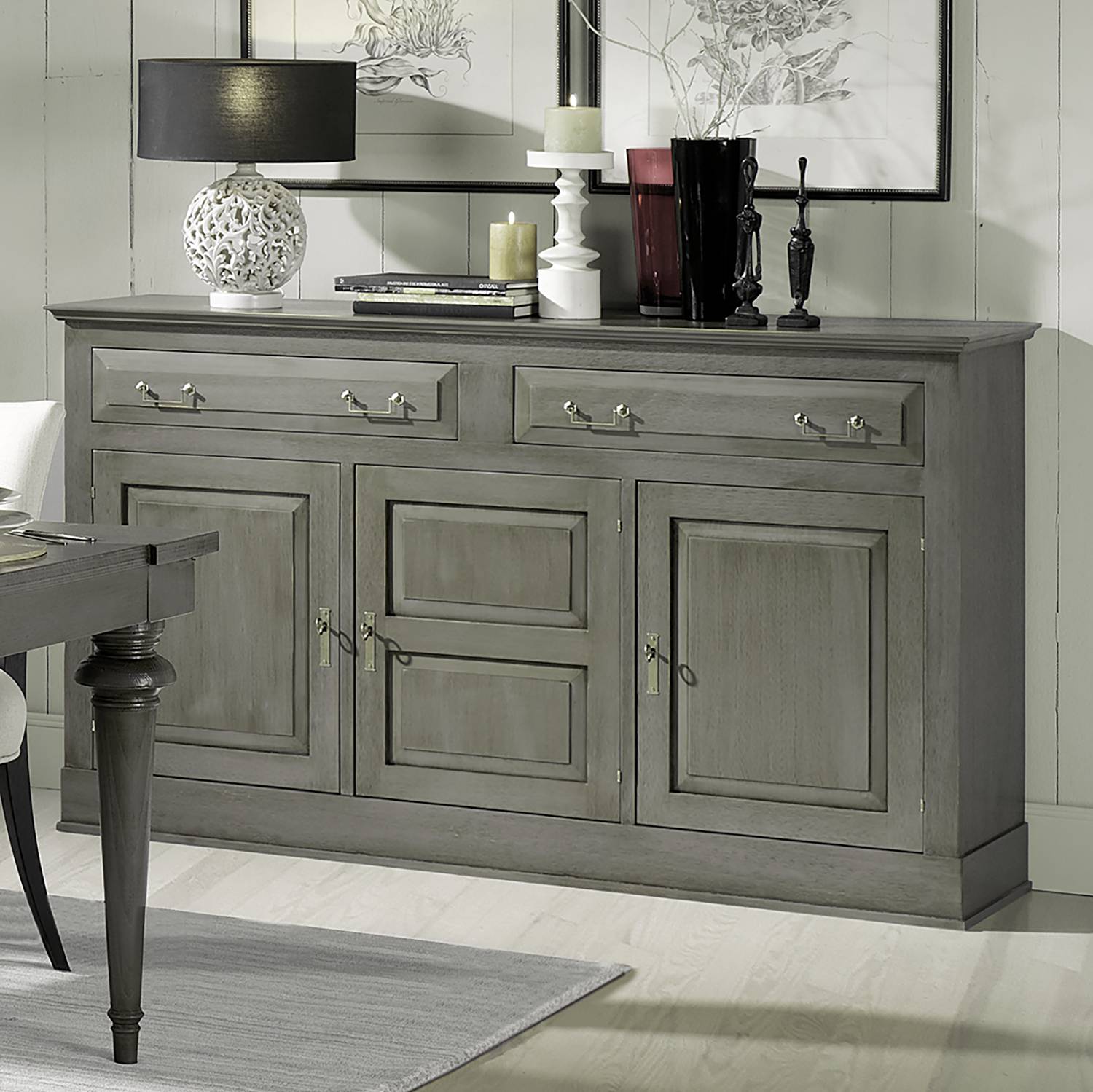 Maison Belfort Sideboard Azjana Grau Pinie Massivholz 172x100x45 cm (BxHxT) Landhaus 3-türig von Maison Belfort