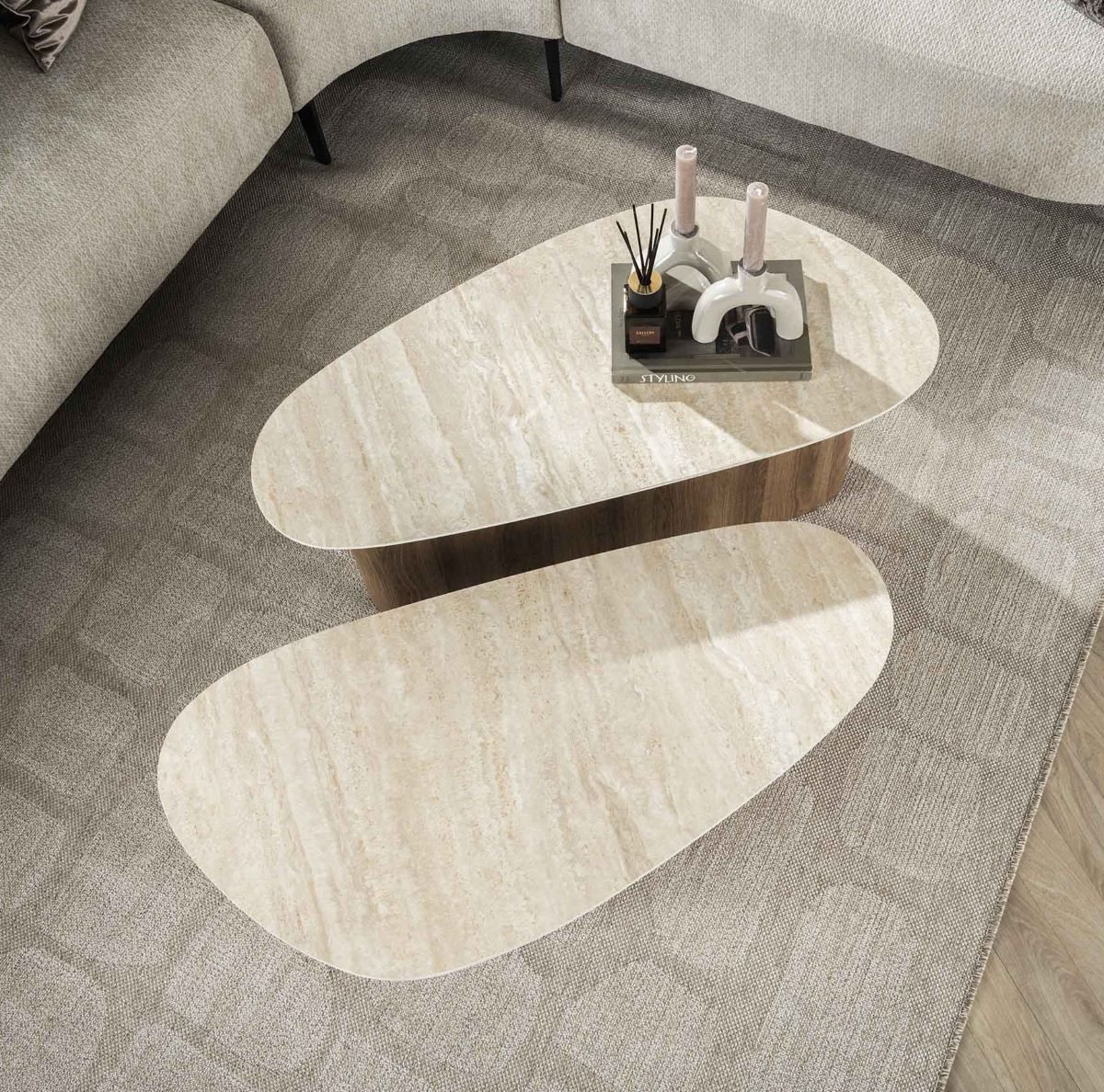 Maison ESTO Couchtisch VENEZIANO 2´er Set organische Form Tischplatte in Travertin Optik (2´er Set), Tischplatte aus hochwertiger Keramik von Maison ESTO