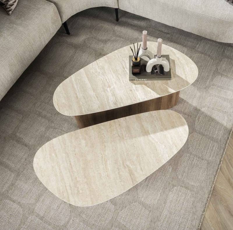 Maison ESTO Couchtisch VENEZIANO 2´er Set organische Form Tischplatte in Travertin Optik (2´er Set), Tischplatte aus hochwertiger Keramik von Maison ESTO