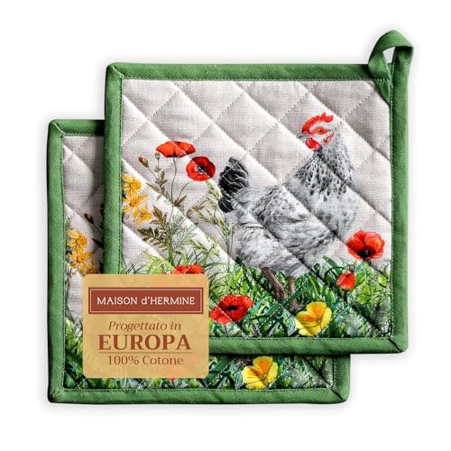 Maison d' Hermine Topflappen, 100% Baumwolle, Ostern-Topfhalter, 2er-Set, hitzebeständig, mit Schleife, Hot Pads, für Küche, Backen, Grillen und Mikrowelle, Basse Cour – Frühling/Sommer (20cm x 20cm) von Maison d' Hermine