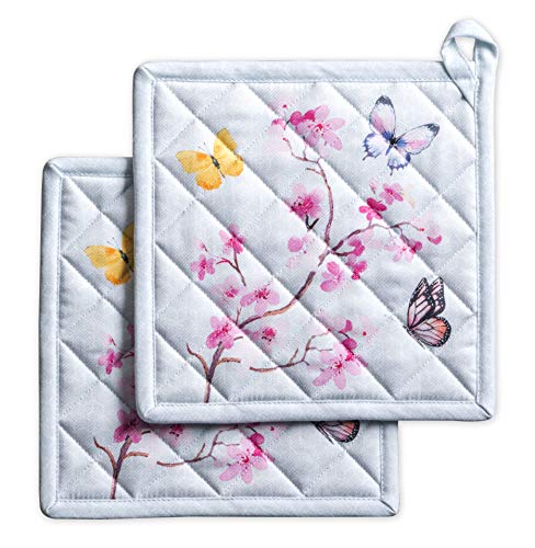 Maison d' Hermine Topflappen, 100% Baumwolle, Ostern-Topfhalter, 2er-Set, hitzebeständig, mit Schleife, Hot Pads, für Küche, Backen, Koch, Blossoms In Spring – Frühling/Sommer (20cm x 20cm) von Maison d' Hermine