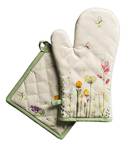 Maison d' Hermine Ofenhandschuh(19cm x 33cm) & Topflappen(20cm x 20cm) Set aus 100% Baumwolle, hitzebeständig zum Grillen, Ostern Kochen, Backen, Grillen, Botanical Fresh – Frühling/Sommer von Maison d' Hermine