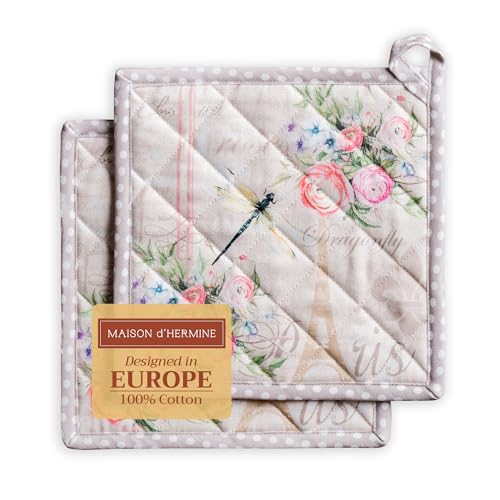 Maison d' Hermine Topflappen, 100% Baumwolle, hitzebeständig, Set mit 2 Hotpads mit Schleife zum Backen, Grillen, Mikrowelle, Umgang mit heißen Pfannen, Champ De Mars – Frühling/Sommer (20cm x 20cm) von Maison d' Hermine