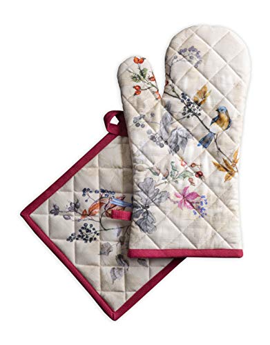 Maison d' Hermine Ofenhandschuh, Topflappen aus 100% Baumwolle, hitzebeständiger Ofenhandschuh(19cm x 33cm) & Topflappen(20cm x 20cm) für Koch, Mikrowelle, Equinoxe - Beige – Erntedankfest/Weihnachten von Maison d' Hermine