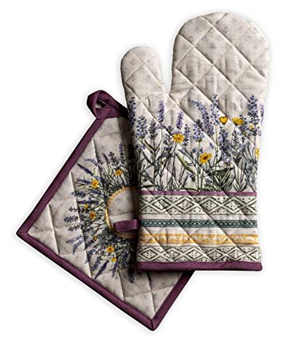 Maison d' Hermine Ofenhandschuh(19cm x 33cm) & Topflappen(20cm x 20cm) Ostern Küchenhandschuh aus 100% Baumwolle + Topflappen, hitzebeständig für Bankett, Grill, Fanny Lavender – Frühling/Sommer von Maison d' Hermine