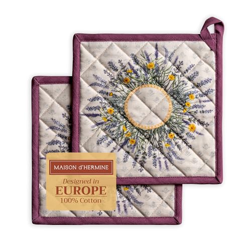 Maison d' Hermine Hot Pads Set mit 2 Oster-Topfhaltern aus 100% Baumwolle mit Schleife, (20cm x 20cm) Topflappen, hitzebeständig für Grillen, Kochen, Backen, Grillen, Fanny Lavender – Frühling/Sommer von Maison d' Hermine