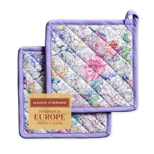 Maison d' Hermine Topflappen, 100% Baumwolle, 2er-Set (20cm x 20cm) Oster-Hotpads, hitzebeständig, mit Schleife-Topfhalter zum Backen, Grillen, Zuhause, Floral Love – Frühling/Sommer von Maison d' Hermine