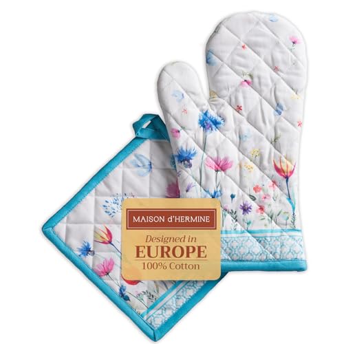 Maison d' Hermine Ofenhandschuhe + Topflappen 100% Baumwolle, hitzebeständiger Ofenhandschuh(19cm x 33cm) & Topflappen(20cm x 20cm) zum Kochen, Grillen, Backen, Flower In The Field – Frühling/Sommer von Maison d' Hermine