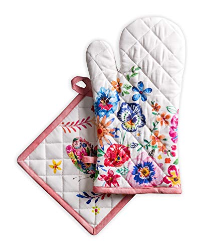 Maison d'Hermine Happy Florals – Set High Summer (19 cm x 33 cm) Küchenhandschuhe und (20 cm x 20 cm) Ofenhandschuhe aus 100% Baumwolle zum Grillen, Backen, Mikrowelle, Frühjahr/Sommer von Maison d' Hermine